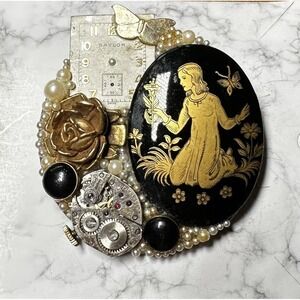 OOAK Steampunk Brooch Signed Vintage Bulova Baylor Watch Parts Ruby Jewels